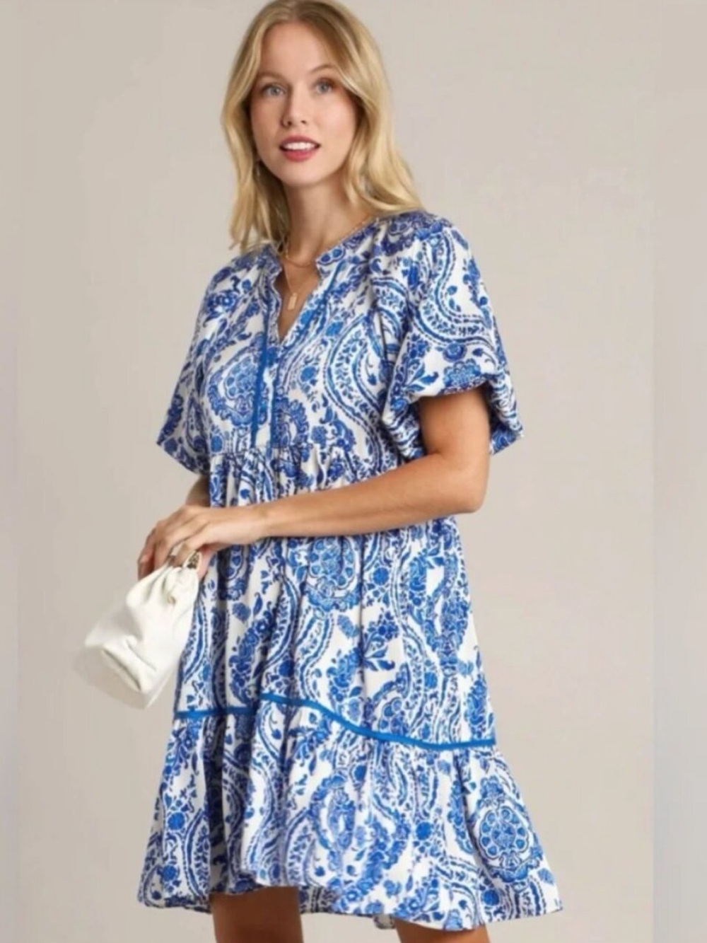 NWT Umgee Blue and White Paisley Satin Mini Dress Size Small